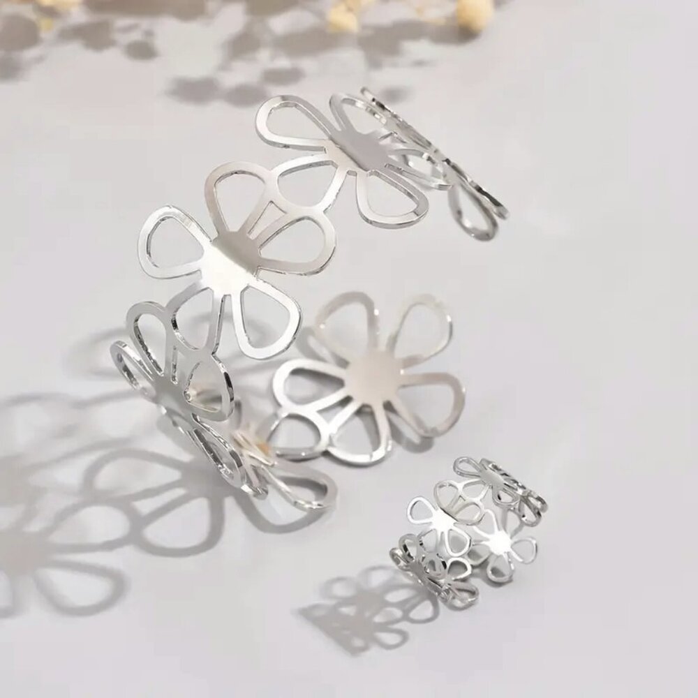 new FLOWER laser cut CUFF BRACELET & RING SET adjust SILVER-TONE hollowed-out